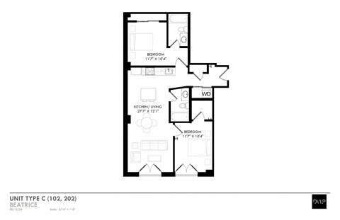 Floor plan for 2 beds, 2 baths, 902 sqft